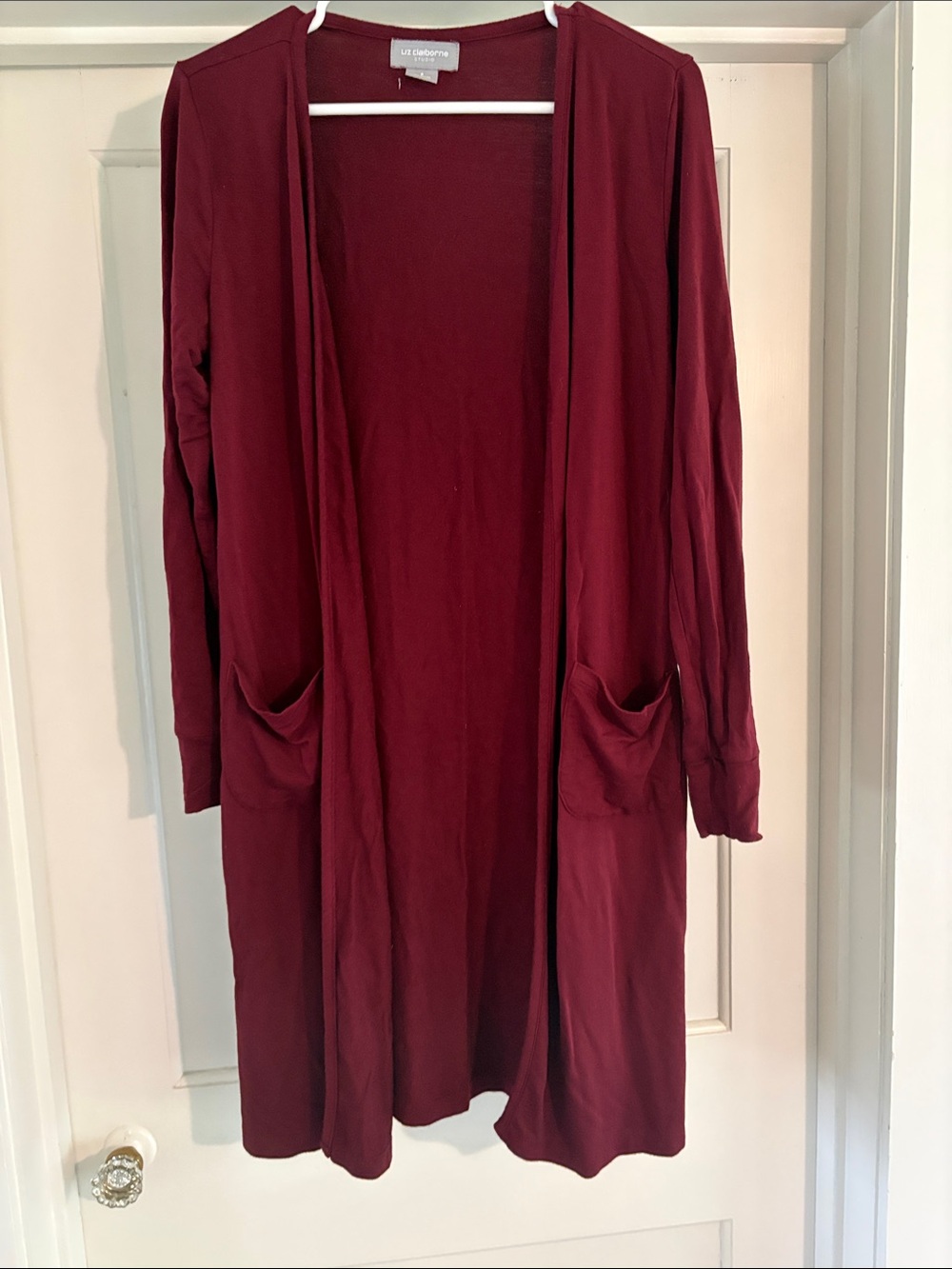 Liz Claiborne Long Open-Front Cardigan in Burgundy